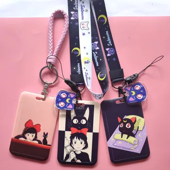 

Women Business Card Cover Cartoon Cute Girls and cat Bus Card Case with Neck Rope Employee Name ID Holders Badge Child card case