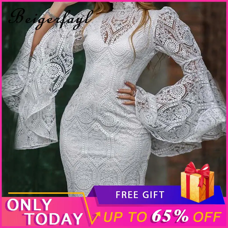 

Beigerfayl Fall White Lace Dress Elegant Bodycon Flare Sleeve Embroidery Midi Stand Neck Long Sleeve See Through Dress 191099