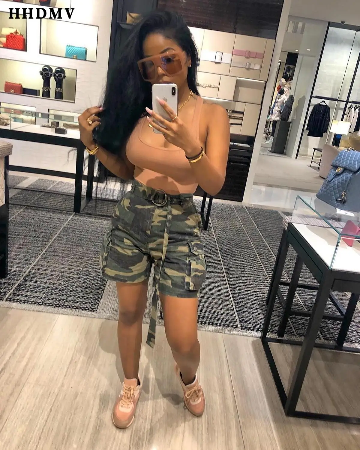 HHDMV GLSD18329 street casual military style short pants buttons sashes pockets short pants simple camouflage short pants - Цвет: camouflage