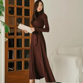 

Fall 2020 Party Dresses Plus Size Knitted Dress For Work Office Robe Sexy Women's Clothing Slim Fashion Black Sashes Turtleneck