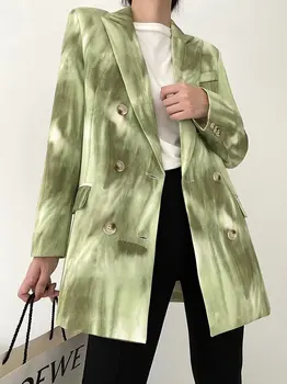 

Autumn 2020 European and American women's clothing new gradual change green double-breasted suit jacket for women