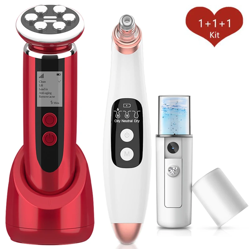 

RF EMS LED Light Facial Massager Skin Tightening Mesotherapy+Blackhead Remover Acne Pore Cleaner+Facial Steamer Nano Sprayer