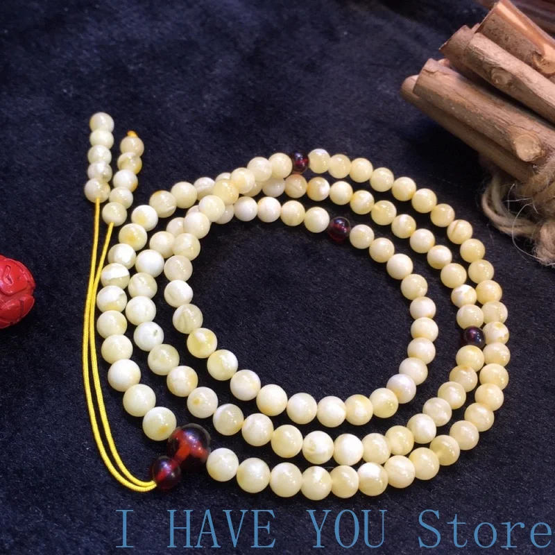 

Natural Russian White Flower Honey Wax 108 Buddha Beads Old Style Handstring Men's and Women's Multi-ring Rosary Necklace