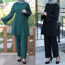 

Muslim 2 Piece Sets Women Abaya Dubai Lace-up Tops and Wide Leg Pants Kaftan Eid Pakistan Turkey African Prayer Islamic Clothing