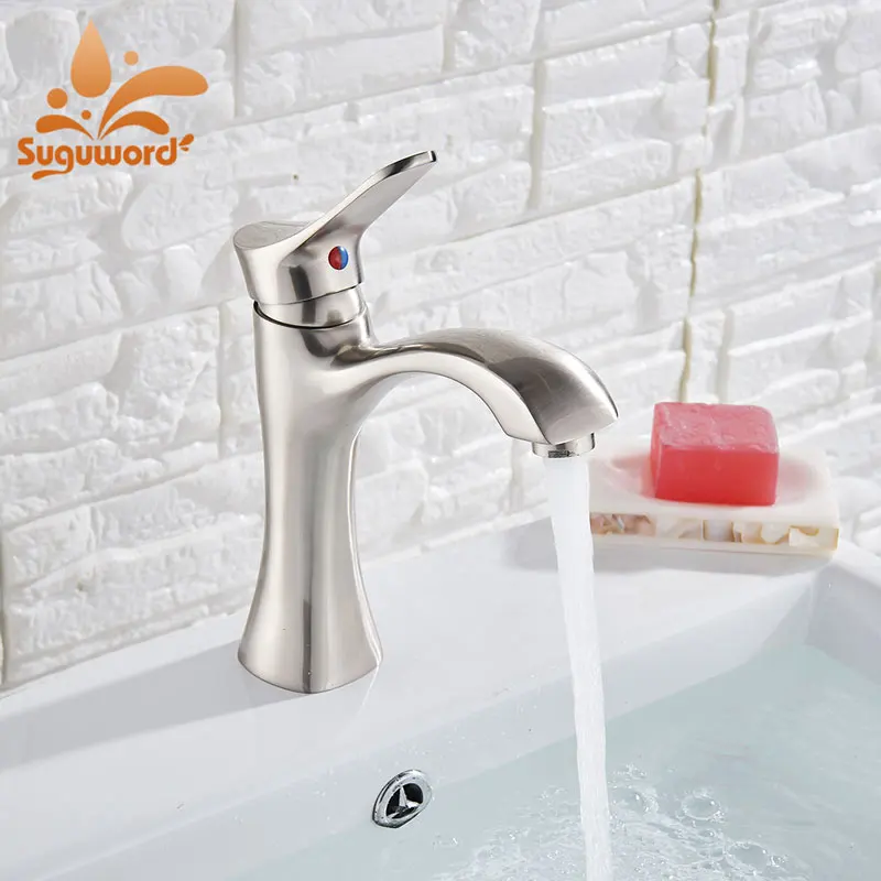 bruhsed nickel short Basin Faucet Deck Mounted Mixer Tap Hot and Cold Water Single Handle One Hole