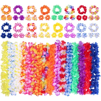 

UNOMOR 64pcs Beach Party Birthday Holiday Full Bloom Ruffled Silk Floral Wreath Luau Wristbands Hawaiian Garland Flower Leis