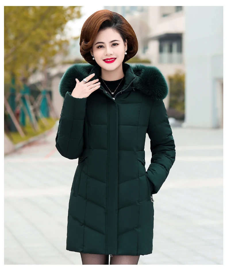 Женская куртка среднего возраста, зимняя, размера плюс, 6XL, утолщенная, теплая, с капюшоном, на пуху, хлопок, длинное пальто, высокое качество, меховой воротник, женские парки