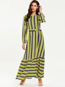 

New Dubai Arab Maxi Muslim Dress Women Stripe A-line Abaya Hijab Dresses Lace-up Turkey Kimono Islamic Clothing Plus Size M-4XL
