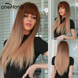 oneNonly Long Straight Ombre Brown Blonde Golden Synthetic Wig with Bangs for Women Cosplay Daily Heat Resistant Hair Wigs