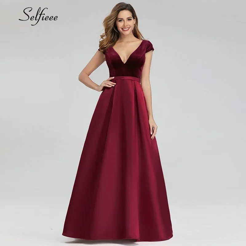 

Burgundy Women Dresses A-Line V-Neck Cap Sleeve Sexy Patchwork Summer Dresses Ladies Fashion Party Maxi Dresses Robe Femme 2019