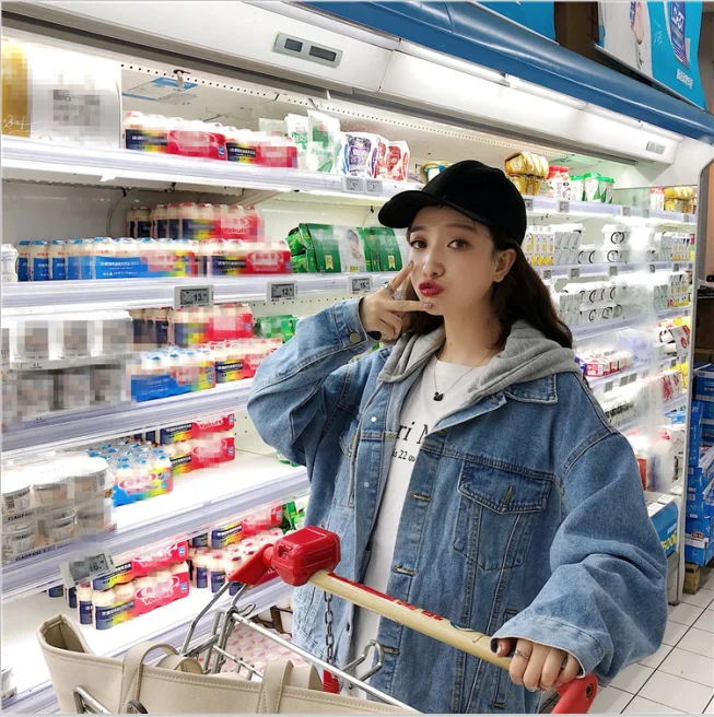 Patchwork Two Piece Style Hooded Hat Button Loose Vintage Denim Jacket Tracksuit Jean Women Man Autumn Winter Coat Windbreaker