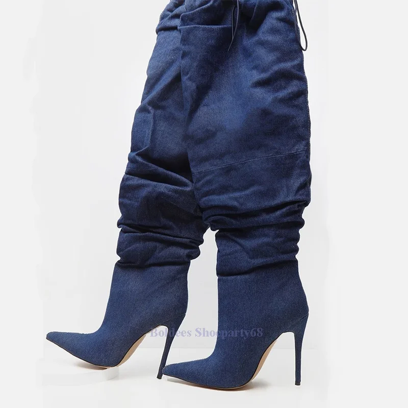 

10cm High Heeled Pointed Toe Over The Knee Fashion Lace Up Dark Blue Denim Jeans Woman Over The Knee Thigh High Boots Long Botas