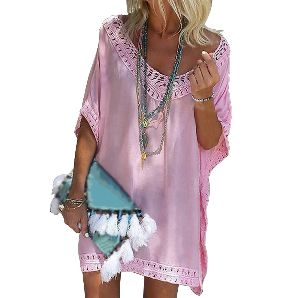 Women Holiday Summer Beach Mini Solid Loose Short Sleeve Ladies Fashion Beach Dress Hollowed Brim One Size V Neck