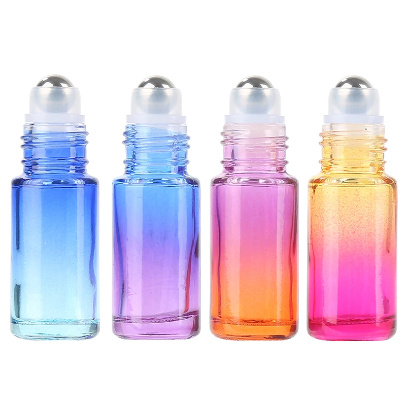 5 Pcs/Set 5ml Gradient Color Thick Glass Roll Ball Bottle On Essential Oil Empty Perfume Bottle Roller Ball Durable For Travel
