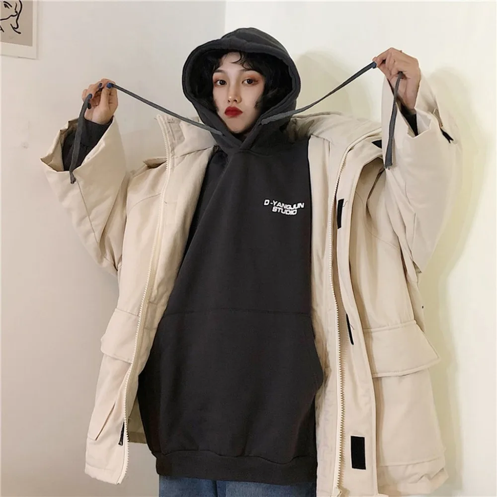 Korean Style Women Casual Loose Hoodies Pullover, Plus Size Pocket Sweatshirt Letter Printed Hoodie sweat femme Female Tops