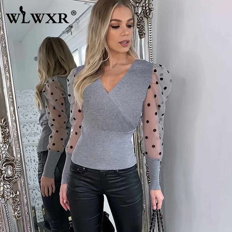 WLWXR повседневная трикотажная Сексуальная Блузка в горошек, женская рубашка, топы, Рождественская облегающая блуза с длинным рукавом и сеткой, женская блузка