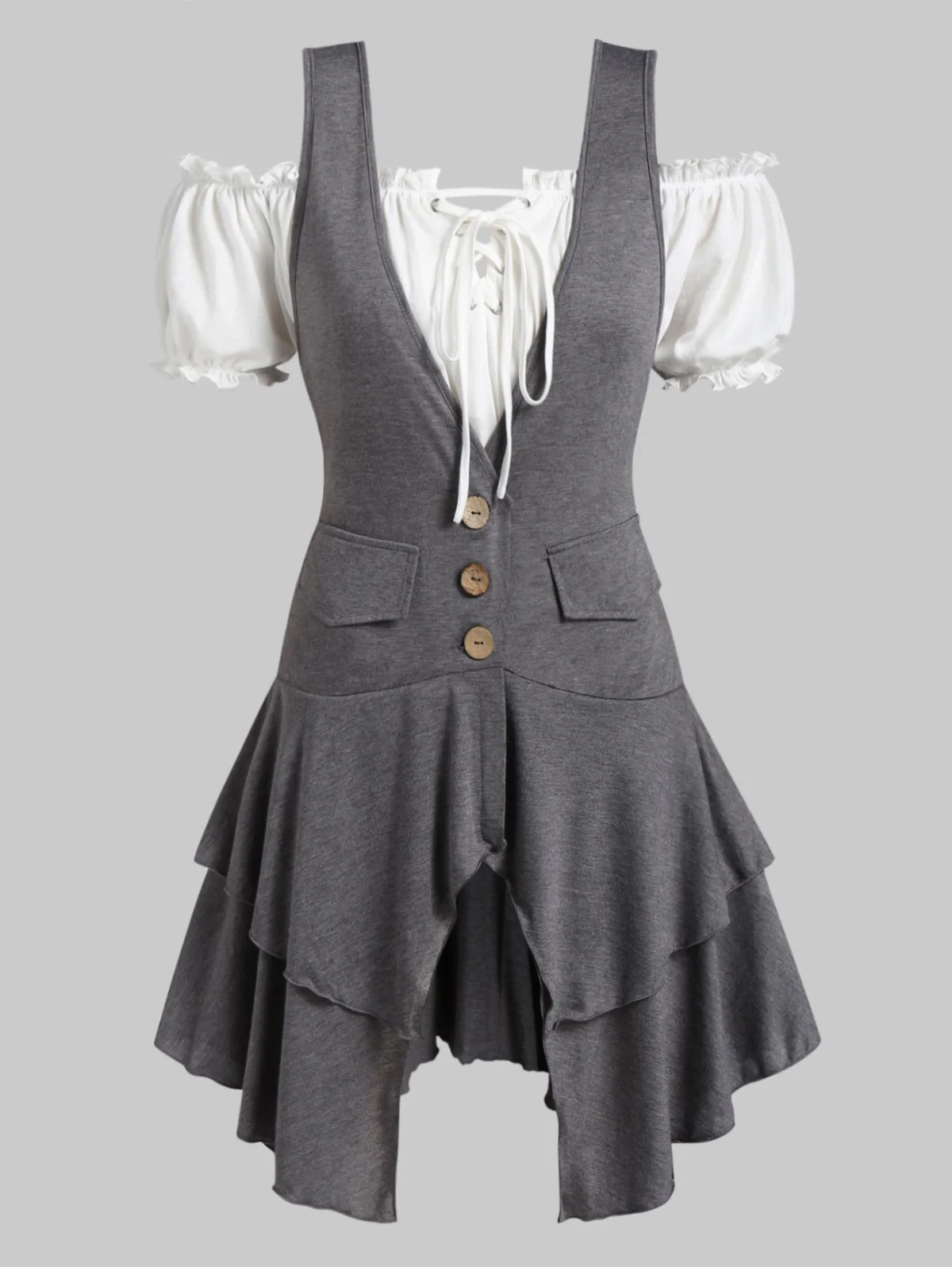 ROSEGAL размера плюс блузка с открытыми плечами и многослойная майка с глубоким вырезом, комплект с оборками, кружевная длинная рубашка, топ с коротким рукавом из двух частей