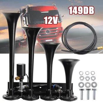 

12V 149dB Four Trumpet Chrome Auto Car Air Horn Set for Car Vehicle Truck Train Boat Yacht SUV Bike Motorcycle