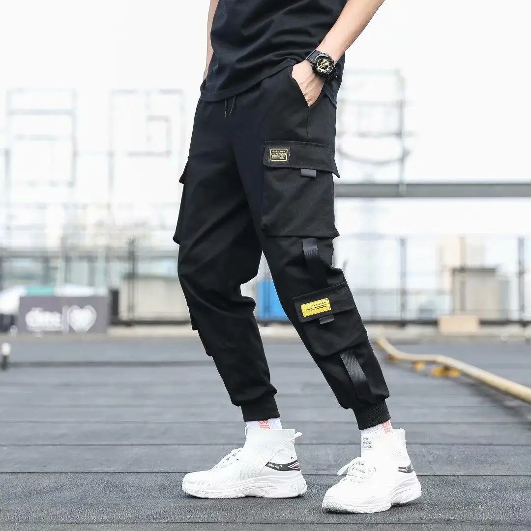 Pantalones Cargo de harén con bolsillos laterales para hombre, pantalón negro de Hip-Hop, informal, a la moda, ropa de calle, 2021 cintas