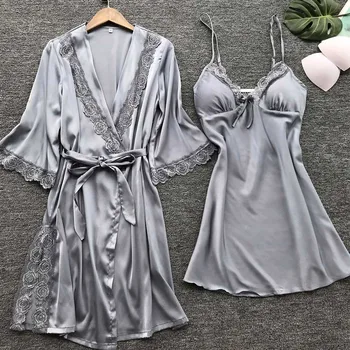 

2pcs/set Soft Silky Women Robe Elegant Lace Sexy Waist Tie Lightweight Long Wedding Half Sleeve Loose Solid Bridal Night Ladies
