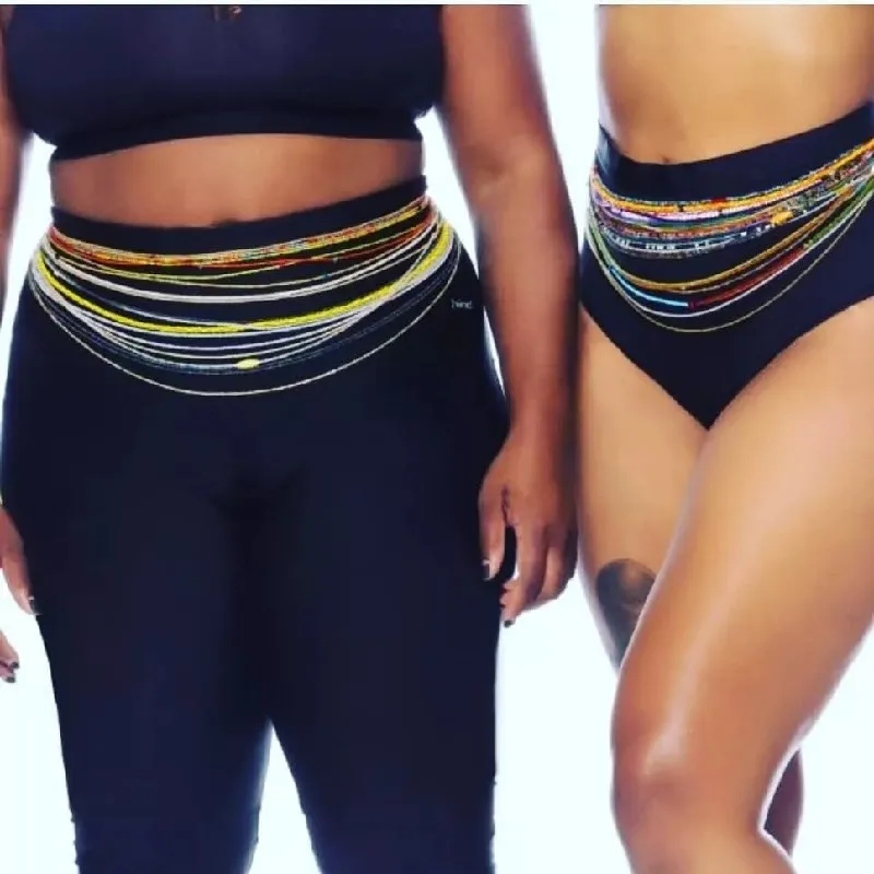 Gold African Waist Beads with Blue & Sand-Beige Tones