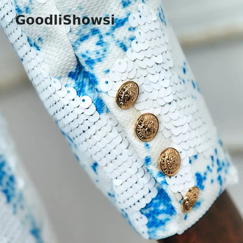 GoodliShowsi, Зимняя мода, женские двубортные пальто, с блестками, с чернильным принтом, с зубчатым отворотом, приталенный, длинный костюм, топы