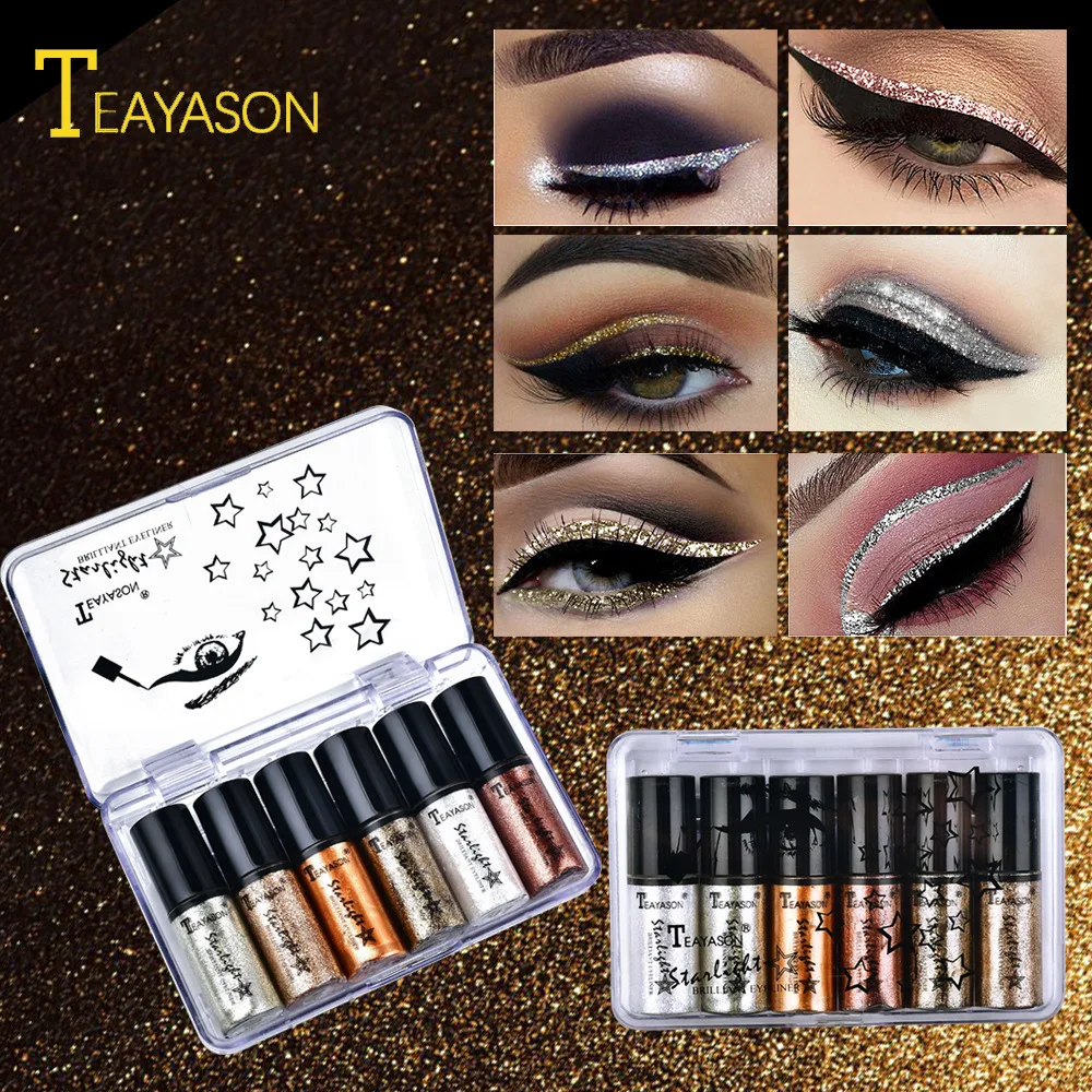 6PCS/set Eyes Makeup Silver Rose Gold Color Liquid Glitter Eyeliner New Shiny Eye Liners For Women Eye Pigment Korean Cosmetics