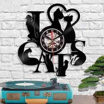 

I Love Cats Record Wall Clock Vintage LED Vinyl Clock Kitten Art Silent Unique Decorative Clock 3D Hanging Wall Clock WY72311