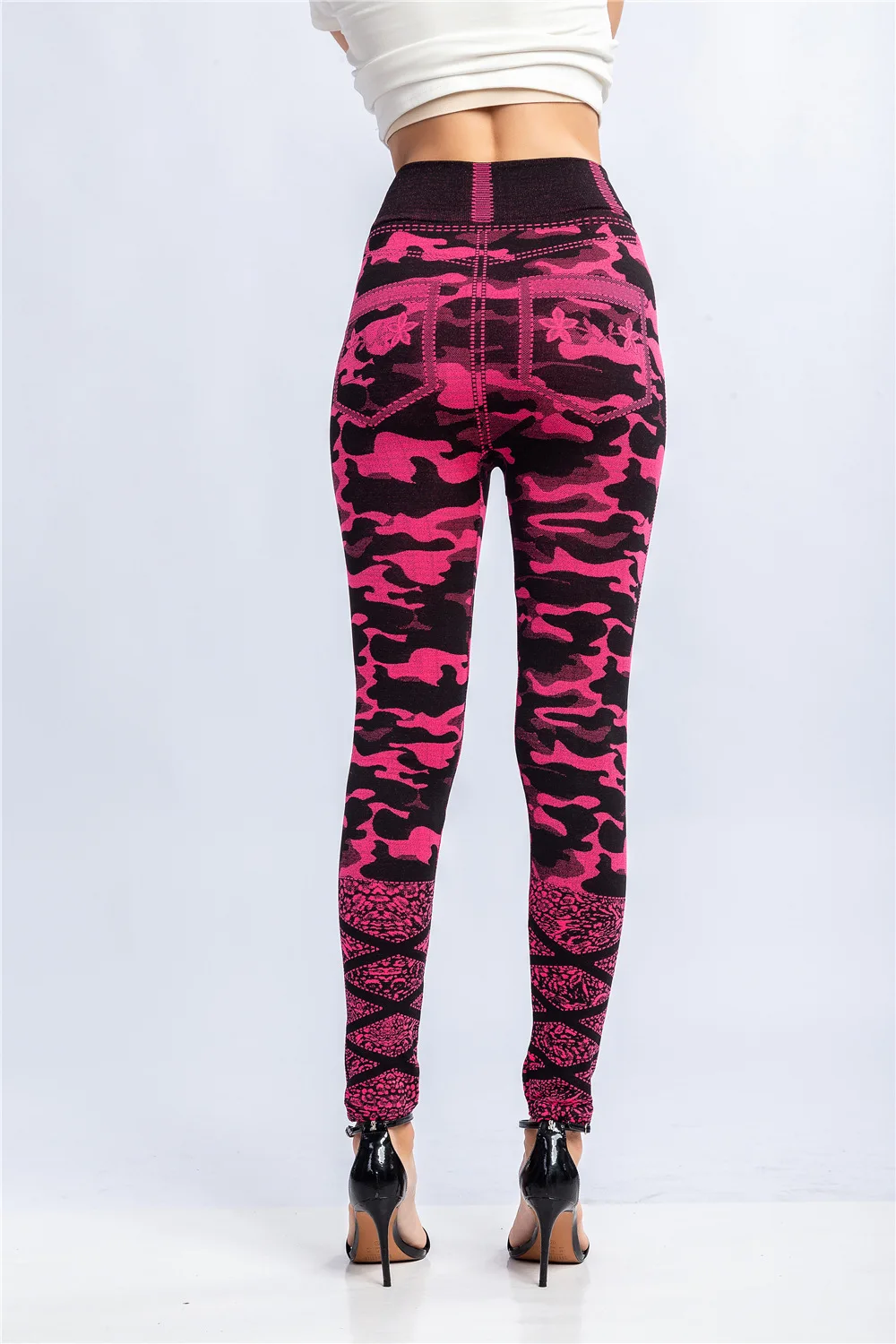 2021 Women's Large High Waist Fake Jeans Fashion Camouflage Printing Imitation Pocket Pants Super Elastic Tight Imitation Jeans brown leggings