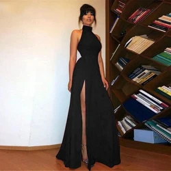 Lorie High Neck Long Women's Black Satin Evening Dresses Mermaid Simple Cheap Formal Prom Party Gown with Split Plus Size