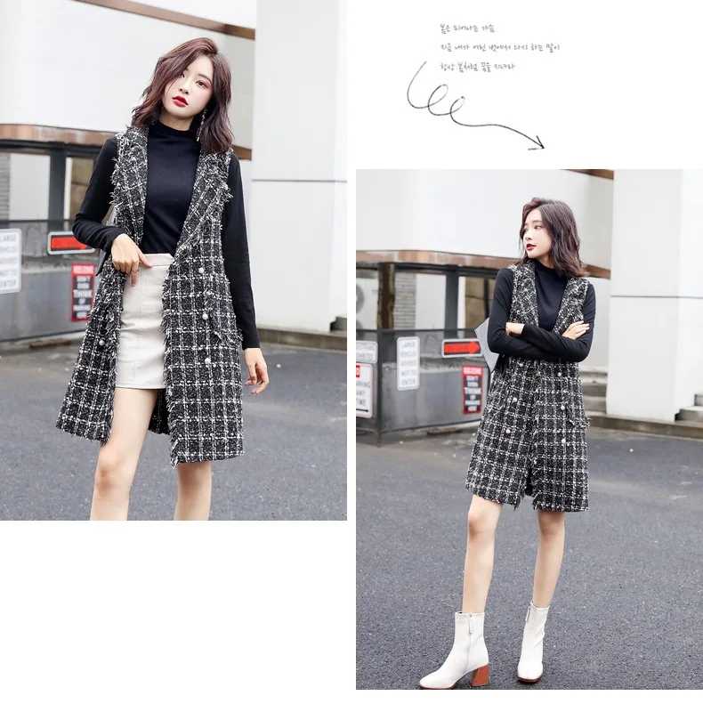 Graceful Tweed Casual Vest Women's Loose-Fit Korean-style Autumn And Winter Vest Retro Vest Waistcoat Coat Mid-length