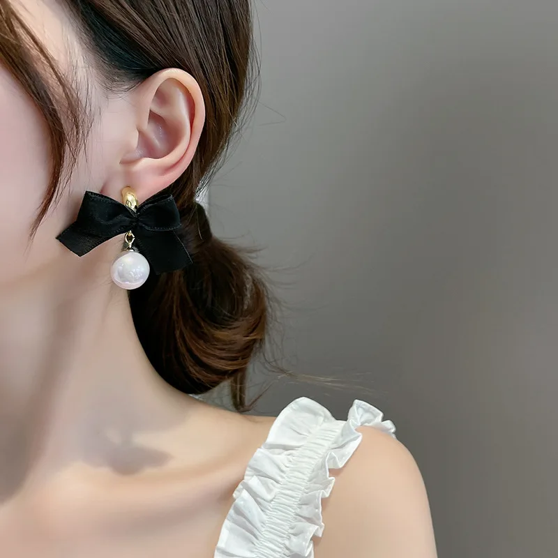 French Romantic Black Bow White Pearl Women's Earrings Light Luxury Korean Fashion Earrings For Female Trendy Jewelry pearl earrings,bowtie earrings,bow clip earrings