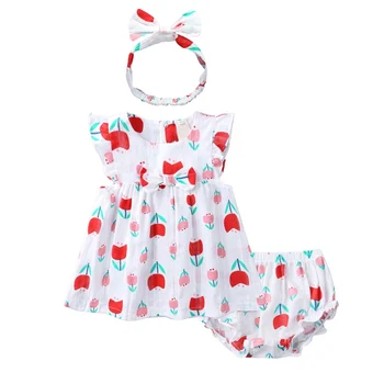 

Baby Girls Summer Clothes Flower Print Short Sleeves Romper Tops + Short Pants Sets +Hair Band 3pcs Toddler Baby Clothing