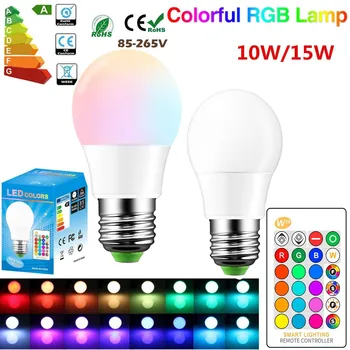

E27 RGB LED Intelligent Bulb Lights 5W 10W 15W 110V 220V Lampada Changeable Colorful RGB LED Lamp With IR Remote Control