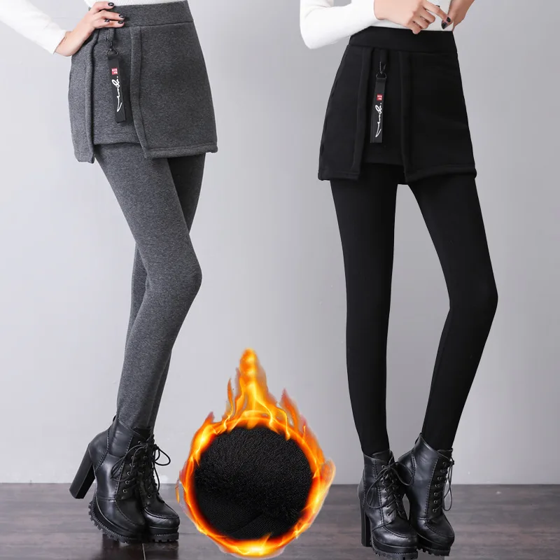 

Photo Shoot Winter New Style Fat Mm Large Size Dress plus Velvet Mock Two-Piece Culottes Plus-sized Warm Leggings