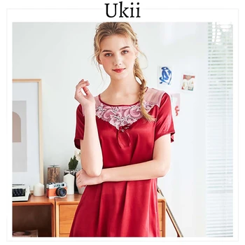 

Ukii Silk Night Dress pyjamas For Women Summer Short Sleeves Sleepwear Pijamas Mujer Nightwear Silk Night Dress Sleepwear
