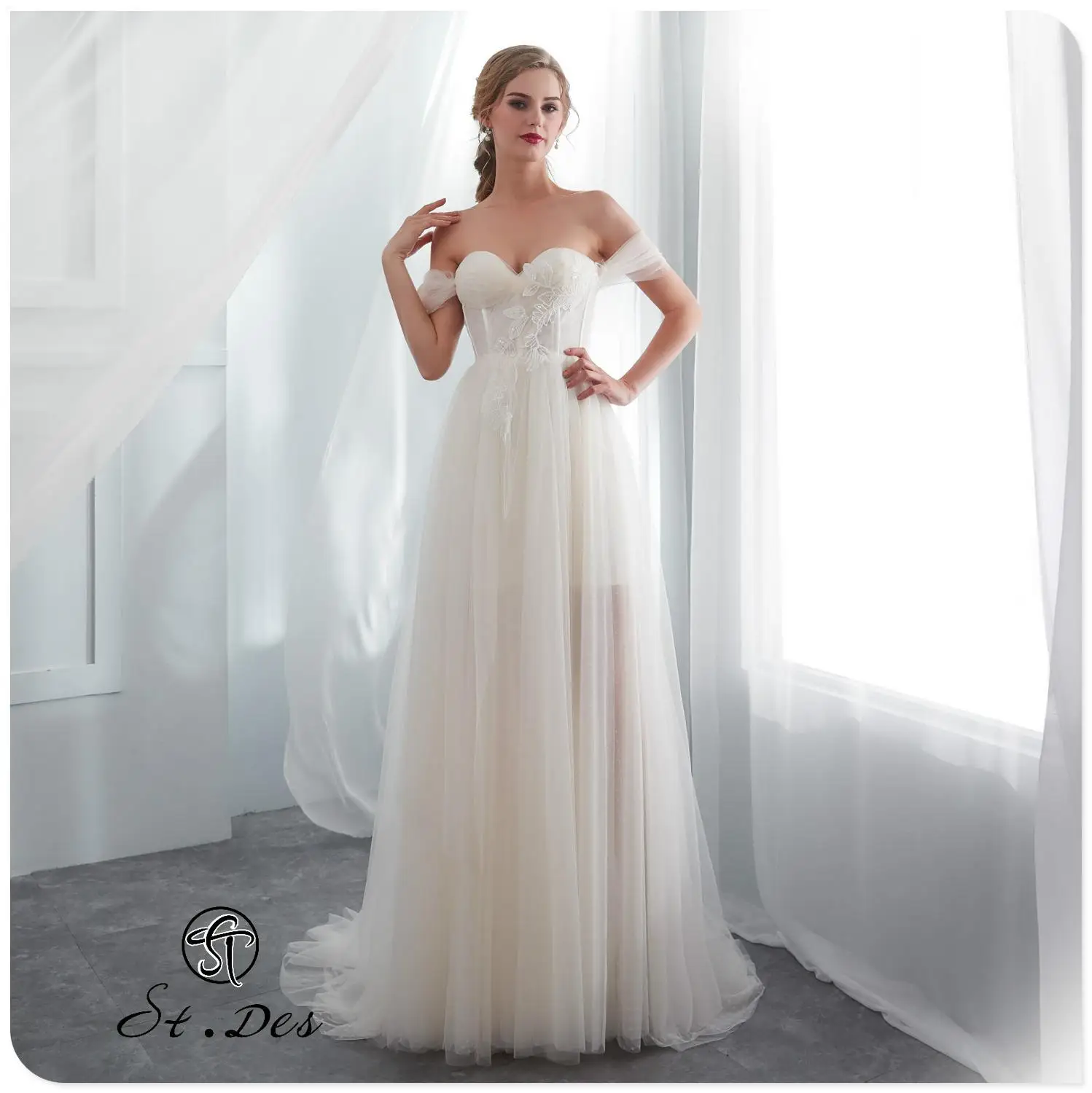 S.T.DES Wedding Dress 2020 Ivory A-line Robe Sexy Boat Neck Off Shoulder Floor-length Elegant Gown | Свадьбы и торжества