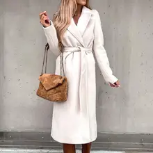 

New Outerwear Women Oversize Coat Solid Color Cardigan Belt Autumn Winter Turndown Collar Split Hem Overcoat Jacket Tops