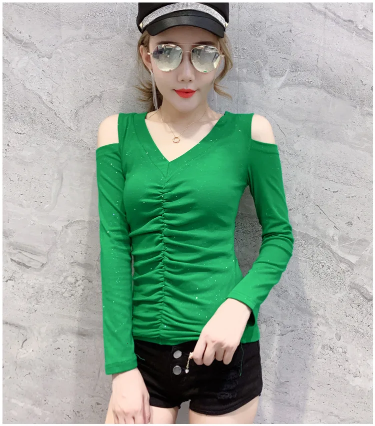 3725 Black Red Green Off Shoulder T Shirt Women Slim V Neck Sexy T-shirt Nightclub Tee Shirt Femme Stretch Pleated Top Summer