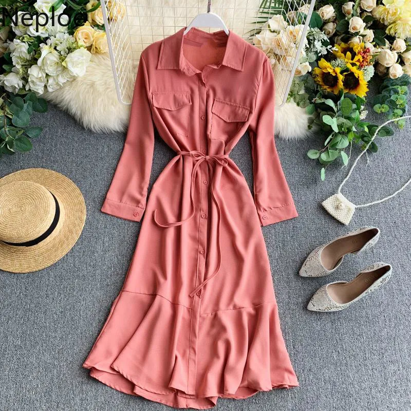 

Neploe Korean Slim Waist Ruffles Temperament mid long Dress Empire Slim Autumn Vestidos De Fiesta De Noche Pleat Robe 45962