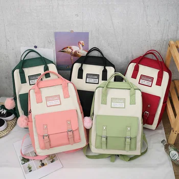

Fashion New Women Canvas Backpack Teenager Cute Hairball Ribbon Students School Bag Girls Large Capacity Shoulder Travel Bag