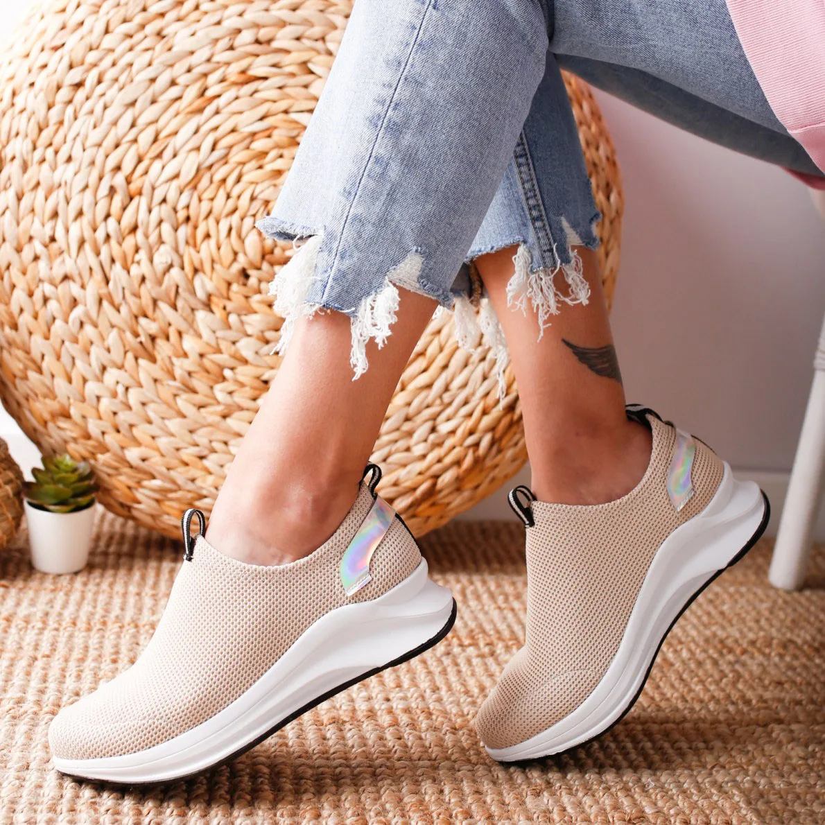 Beige JODIMITTY/Женская обувь на платформе; женская повседневная обувь со скрытым каблуком; высокие дышащие однотонные кроссовки без застежки; Прямая поставка - Цвет: Beige