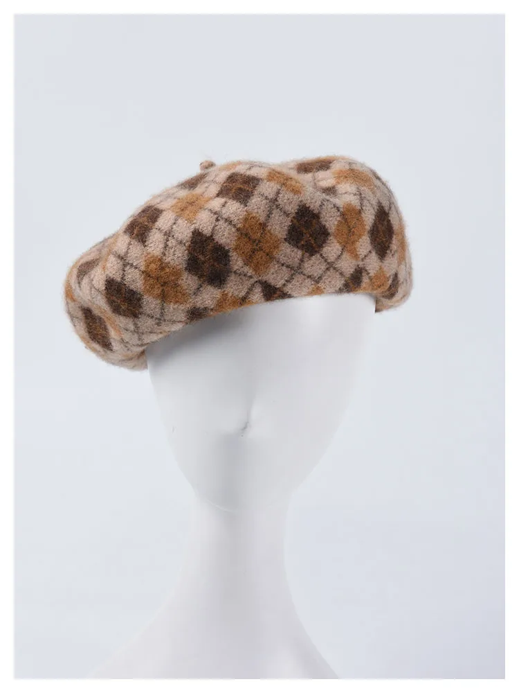 Женская зимняя шапка в стиле ретро, новинка, модная Осенняя теплая восьмиугольная шапка из шерсти, головной убор в клетку