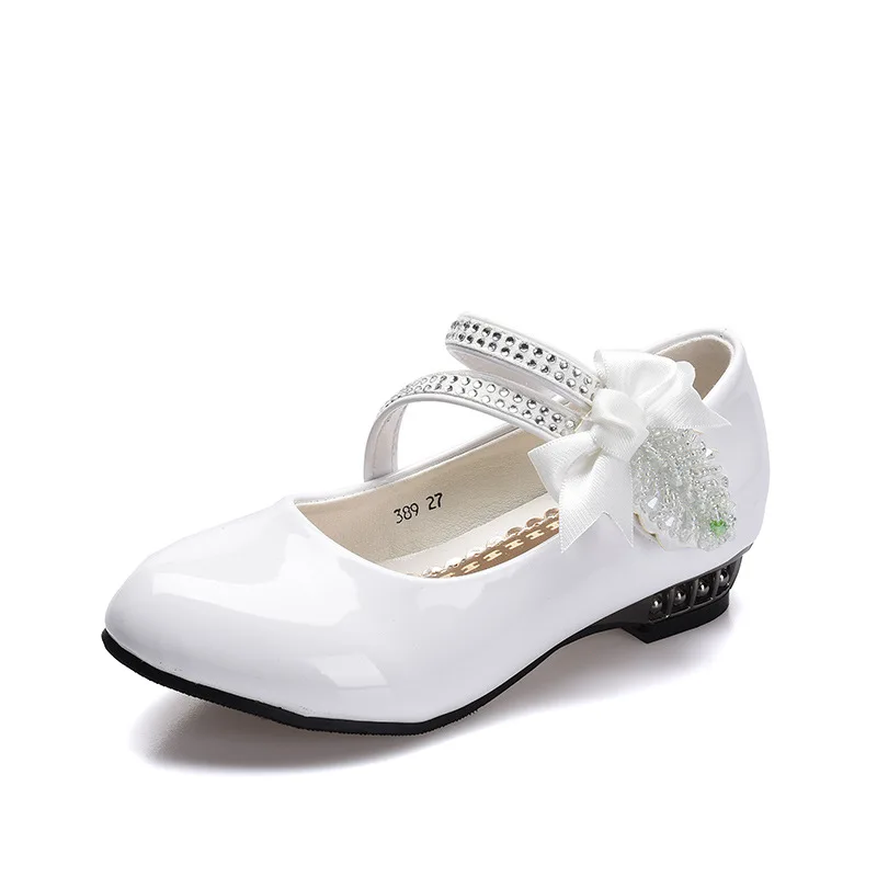 4-16 Years Fashion Rhinestone Flower Little Girls Shoes Party Princess Dress Wedding Shoe Black Big Kids High Heel Leather Shoe