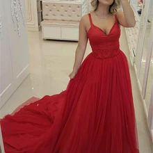 Красные длинные платья для выпускного вечера с v-образным вырезом на бретельках, Тюлевое Формальное вечернее платье для вечеринки Robe De Soiree