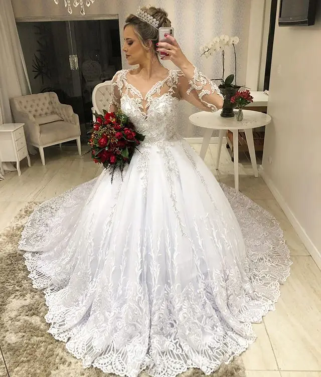 Vestido De Noiva сексуальный, кружевной, с аппликацией из бисера А-силуэта Свадебные платья корт поезд Совок с длинным рукавом свадебные платья