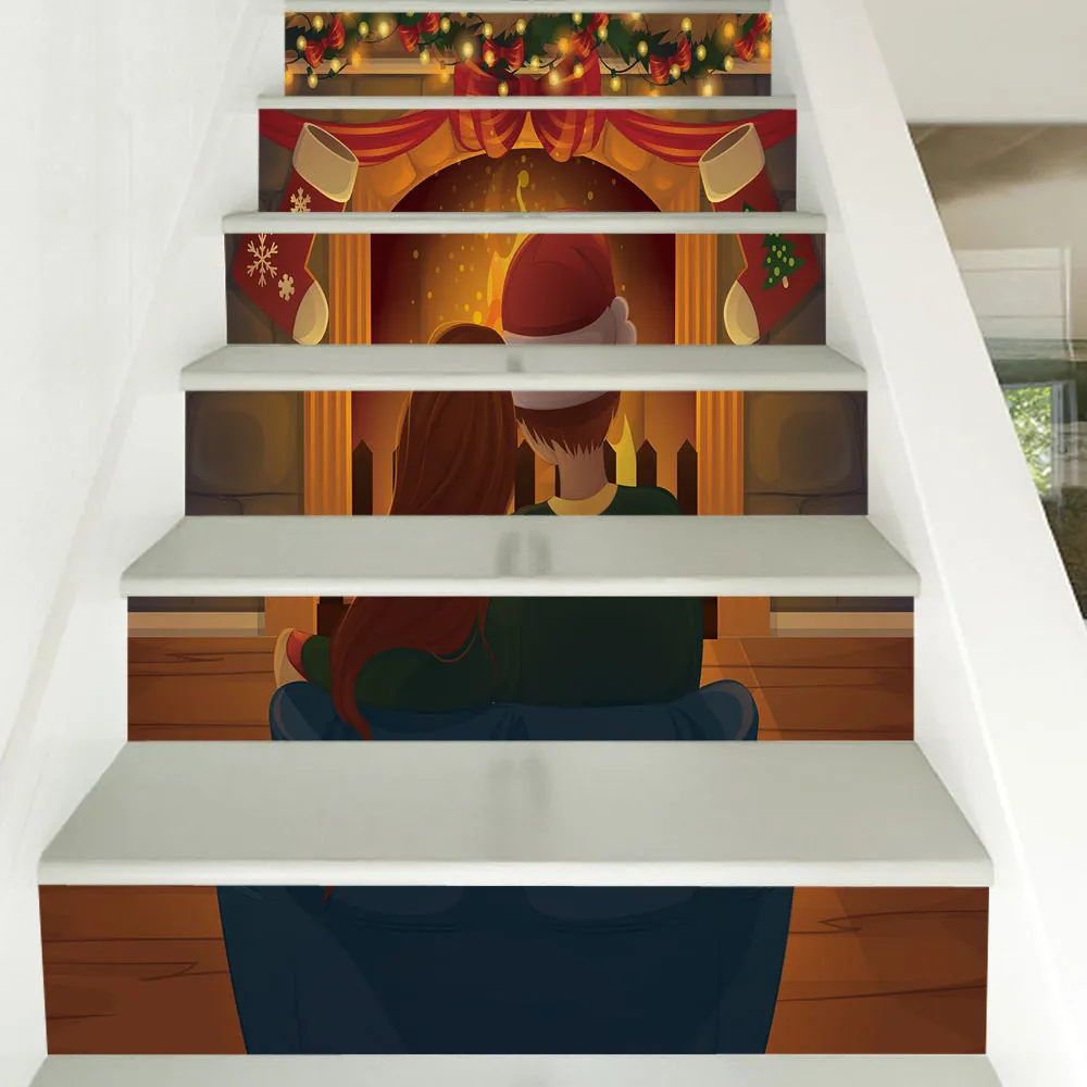 Waliicorners 6pcs/13pcs Santa Claus on the Roof Staircase Sticker Removable Wall Mural Decorative Wallpaper Self-Adhesive Waterproof Decals 53 He87bb5e8e6cc4a0ab5c4cc4a8f4250e2f