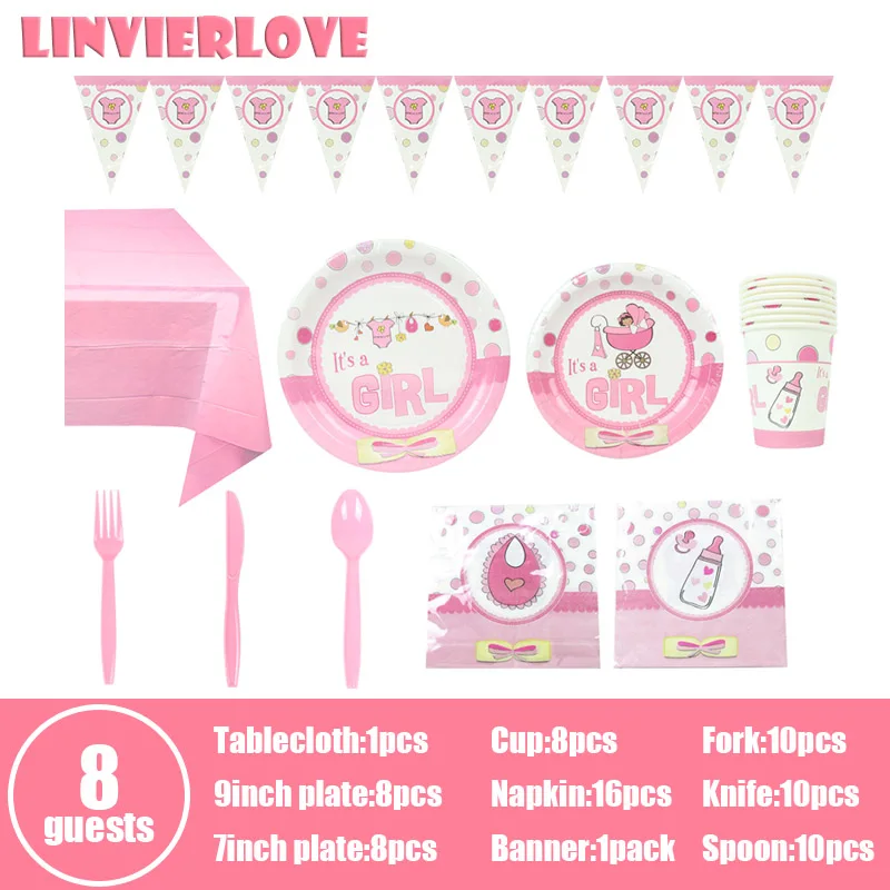 LINVIERLOVE 32ps It's мальчик девочка ребенок душ набор для детей пол раскрывает бумажные баннеры салфетки одноразовые столовые приборы - Цвет: Pink 8guests
