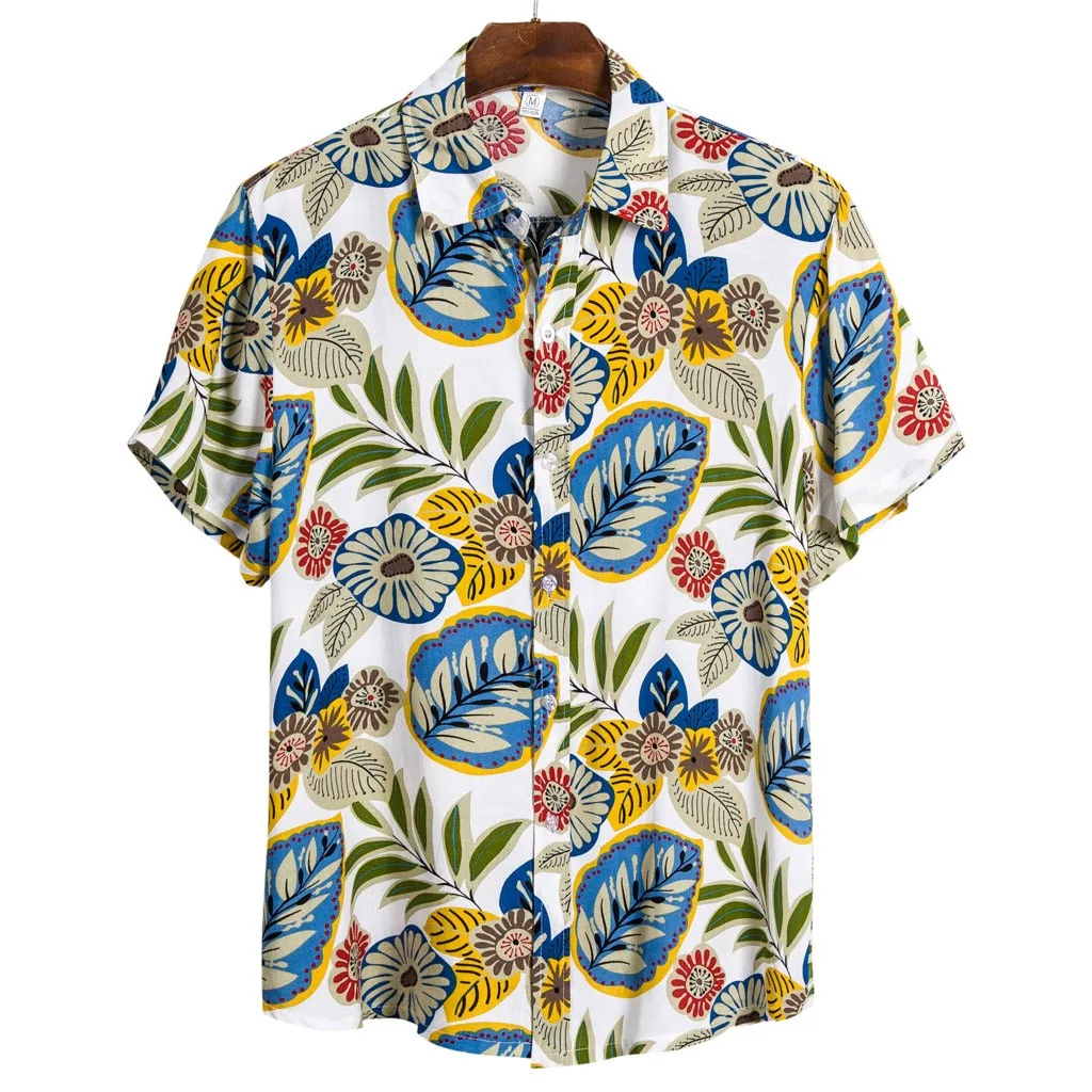 Mens Short Sleeve Shirts,Casual Cotton Linen Printing Ethnic Style Hawaiian Shirt Colorful Beach Party Holiday