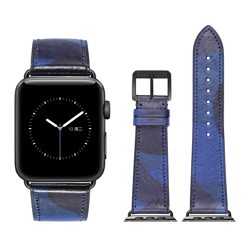 BLUE-Black buckle Ремешок для Apple Watch 38 мм 42 мм ремешок для Apple Watch 40 мм 44 мм камуфляжная серия 4/3 Серия 2 серия 1 кожаный браслет iWatch - Цвет ремешка: BLUE-Black buckle